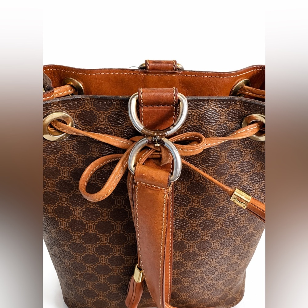 Vintage CELINE Paris Macadam Bucket Bag Brown Monogram Leather Italy 90s Bag - Picture 10 of 13
